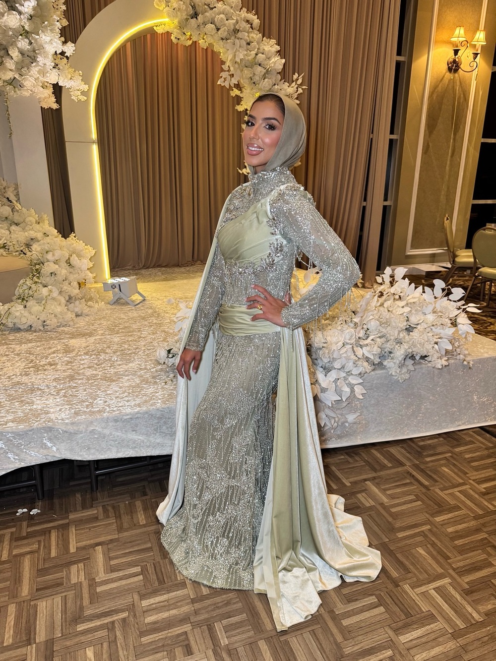 Long-Sleeve Sage Green Embellished Evening Dress